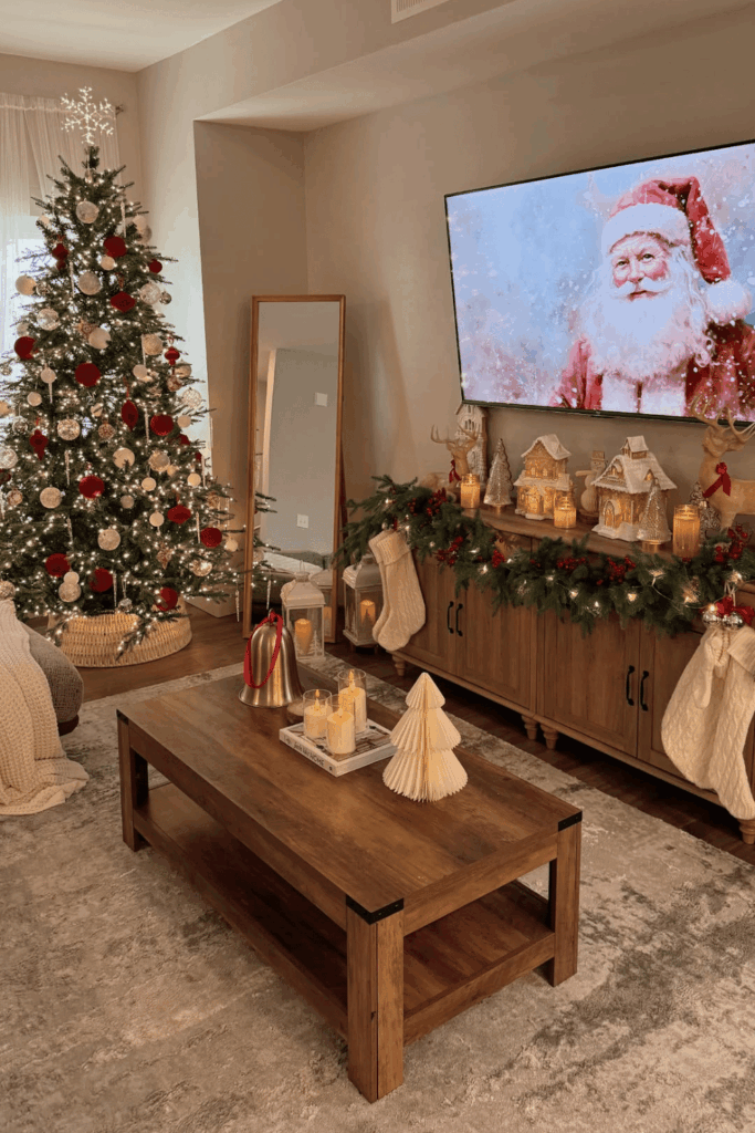 Red and white Christmas living room with decorated tree and festive console
