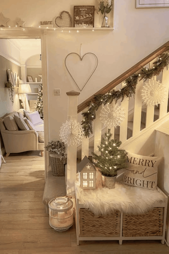 Small-space Christmas nook with mini tree, lantern, and soft white decor