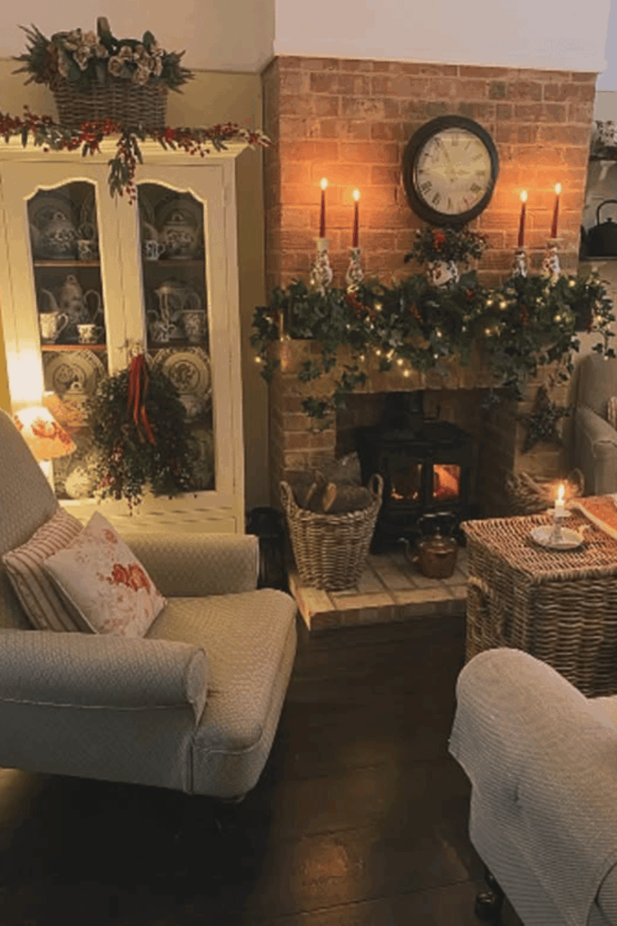 Cottage-style living room with brick fireplace and traditional Christmas greenery