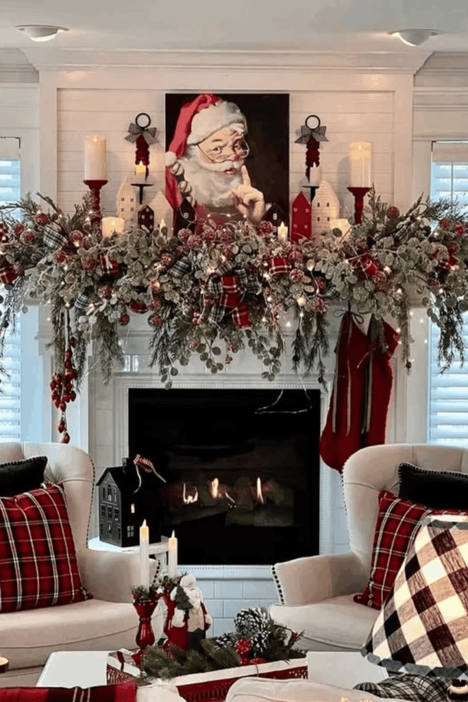 Plaid-filled Christmas living room with oversized mantel garland and Santa art