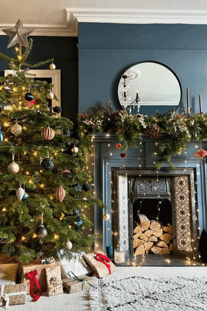 Luxe living room with dark walls, elegant garland, and decorated Christmas tree