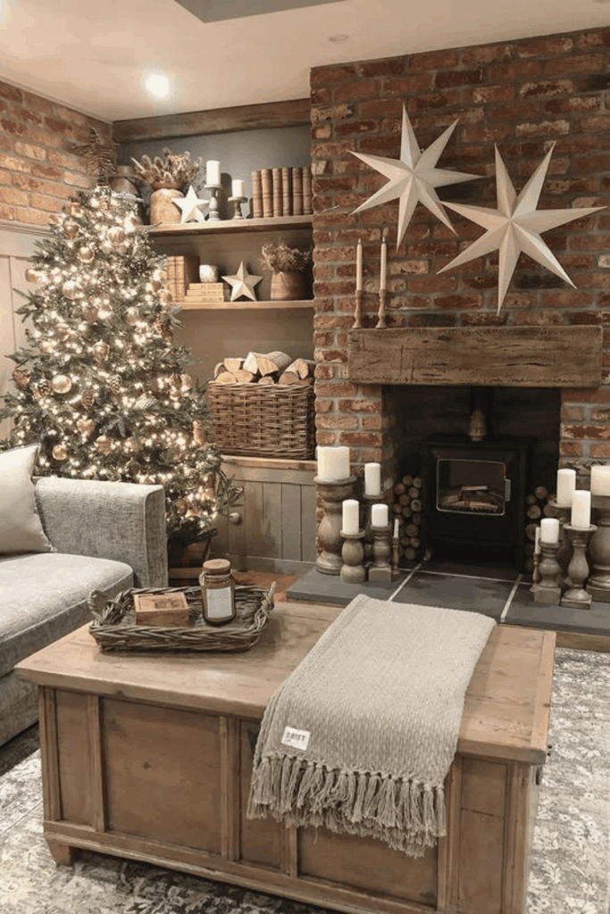 Rustic living room with brick fireplace and warm neutral Christmas decorations Christmas living room decor ideas