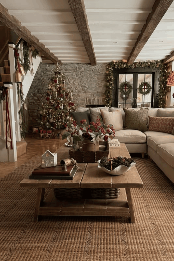Warm rustic living room with natural textures and classic Christmas decor