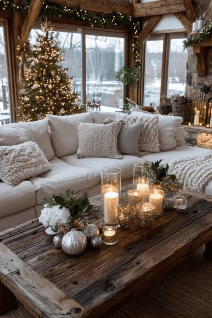 Rustic wood coffee table with candles, greenery, and cozy holiday accents