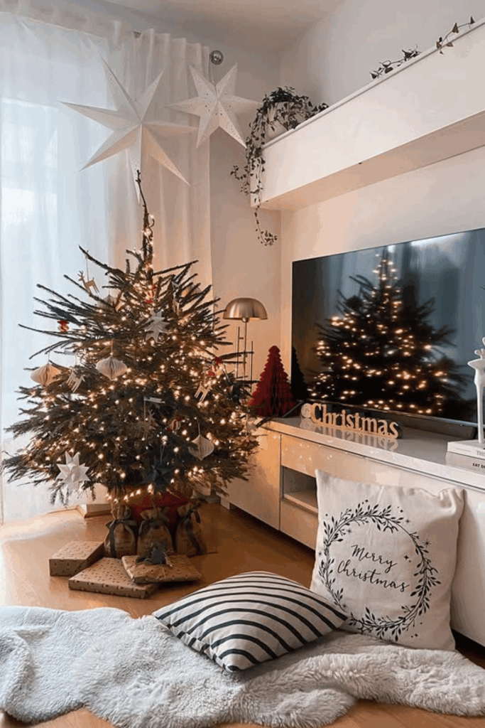 Small living room decorated with glowing tree, star lanterns, and cozy blanket