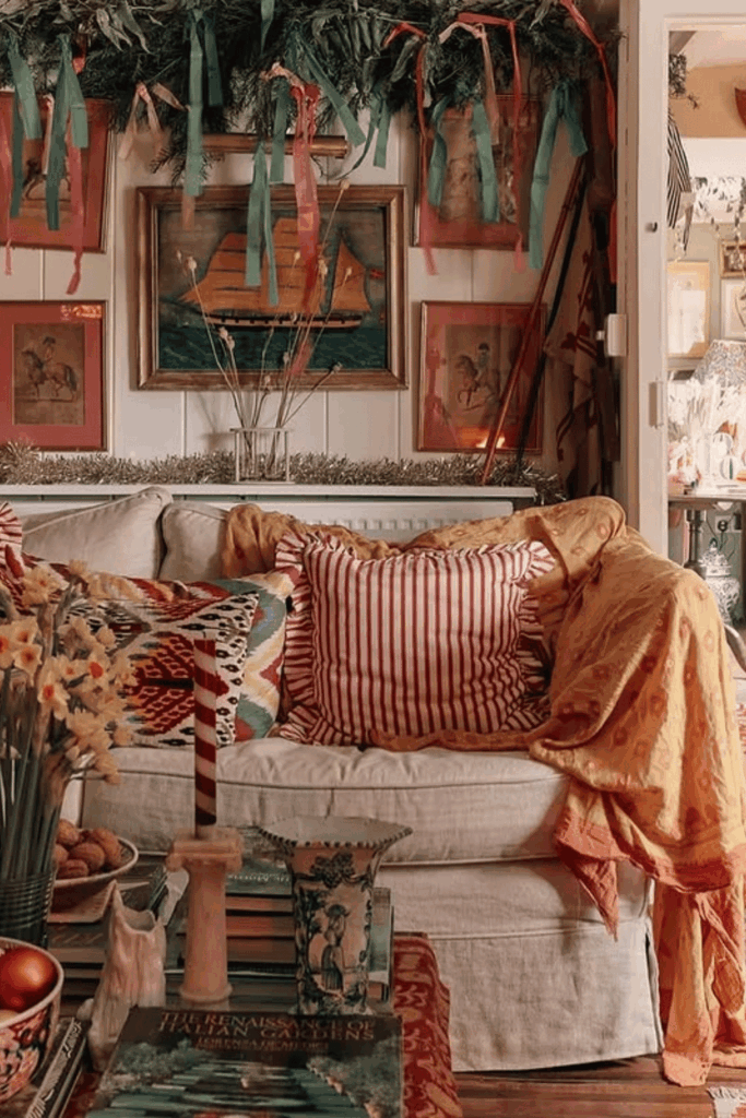 Colorful, eclectic living room with layered ribbons and festive garlands