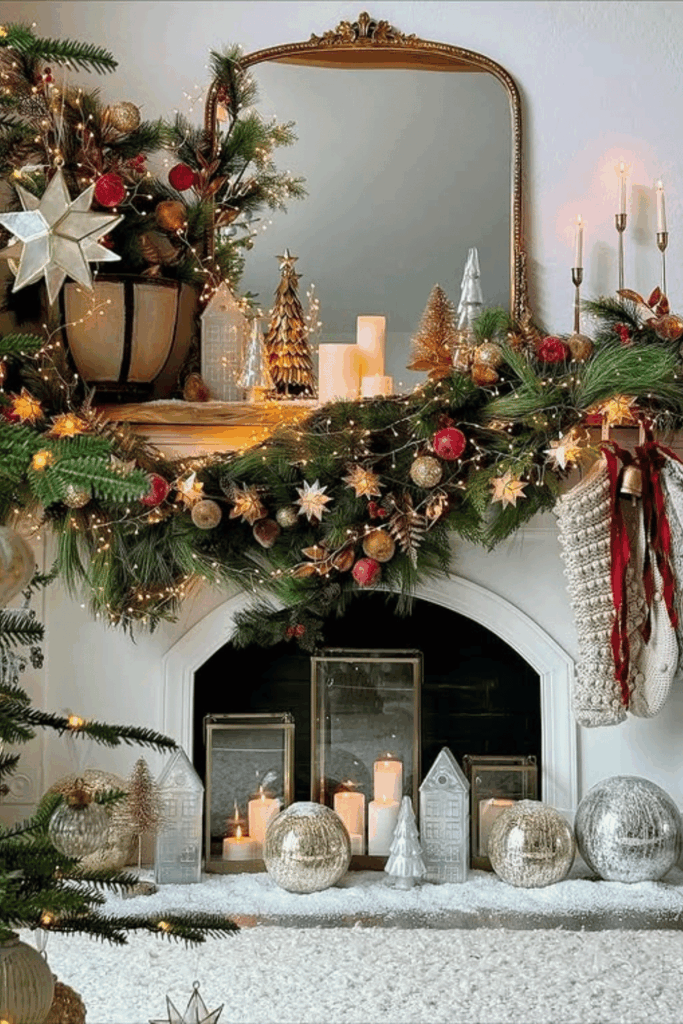 Sparkling Christmas mantel with metallic accents and warm candlelight