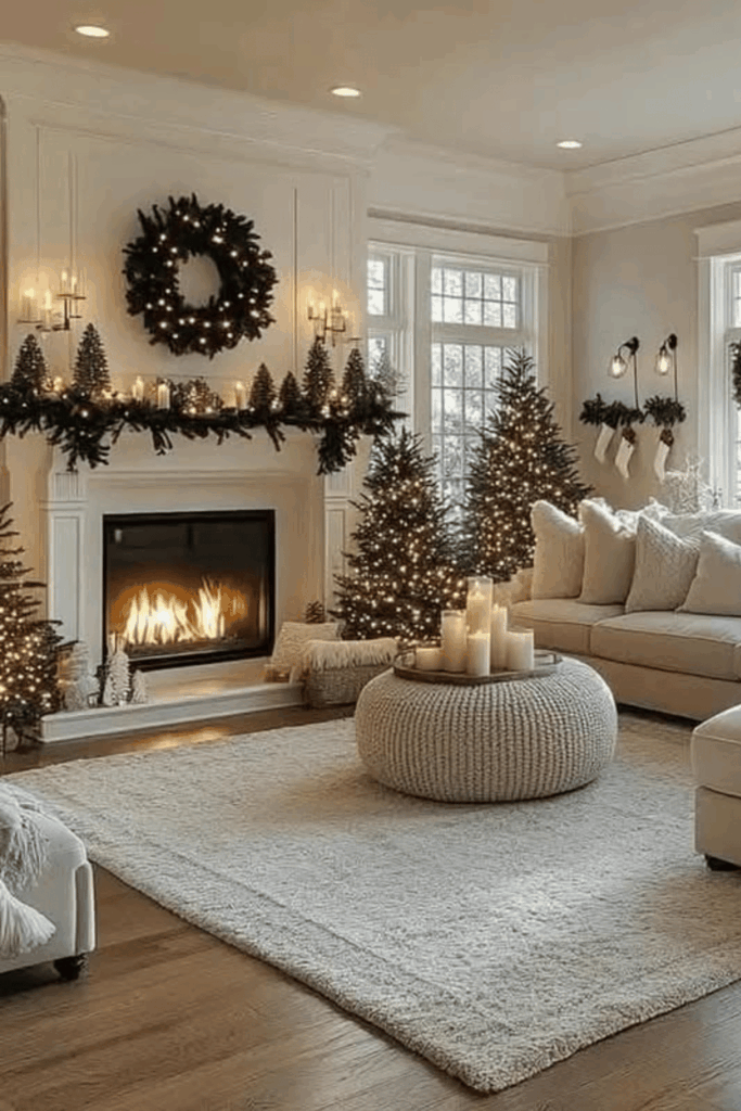 Elegant living room with soft greenery, mini trees, and glowing Christmas lights