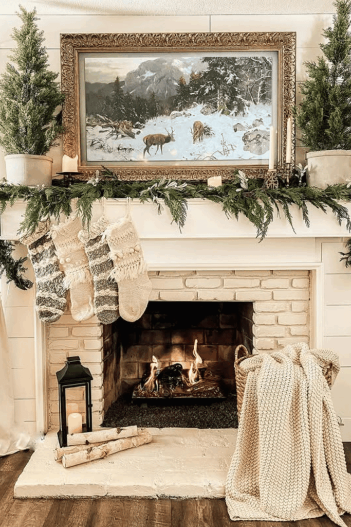 Cozy fireplace with knitted stockings, fresh garland, and rustic holiday decor