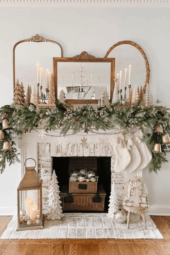 Elegant layered mantel with multiple mirrors, lush garland, and neutral stockings