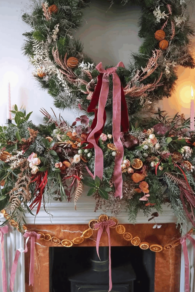 Lush holiday mantel with dried oranges, velvet ribbons, and bold greenery