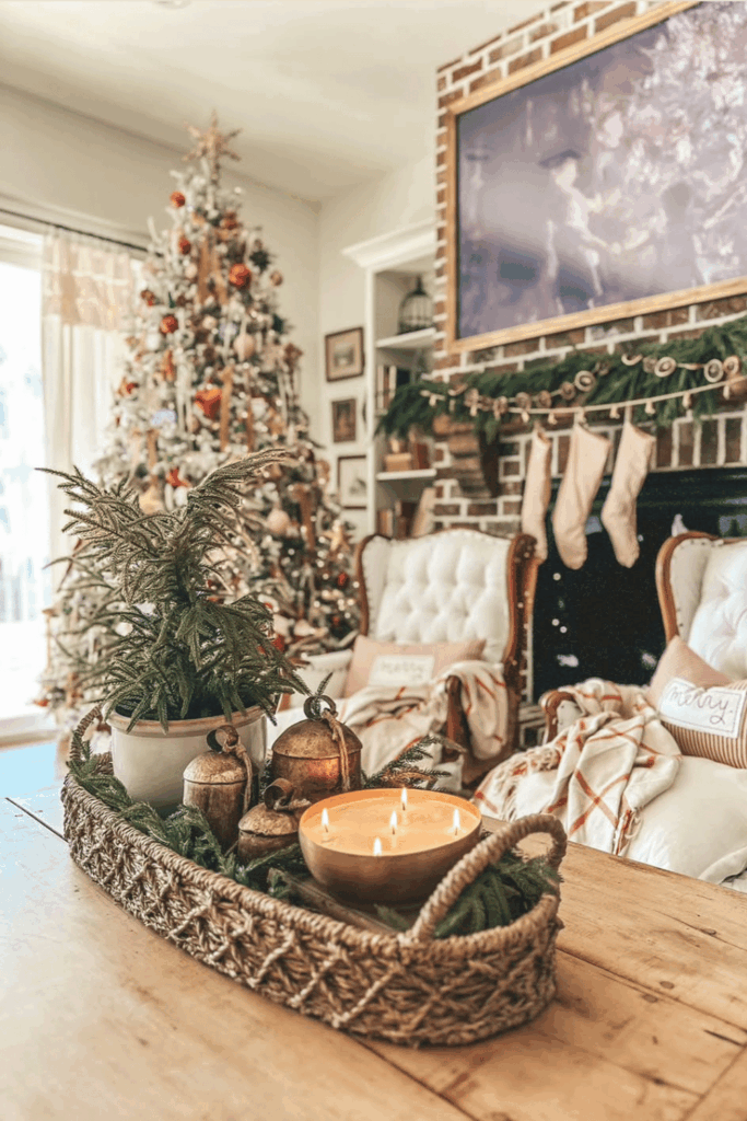 Woven tray centerpiece with greenery, bells, and a glowing candle in a cozy room