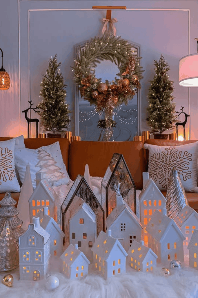 Glowing Christmas village display with mini houses, wreath, and soft lighting