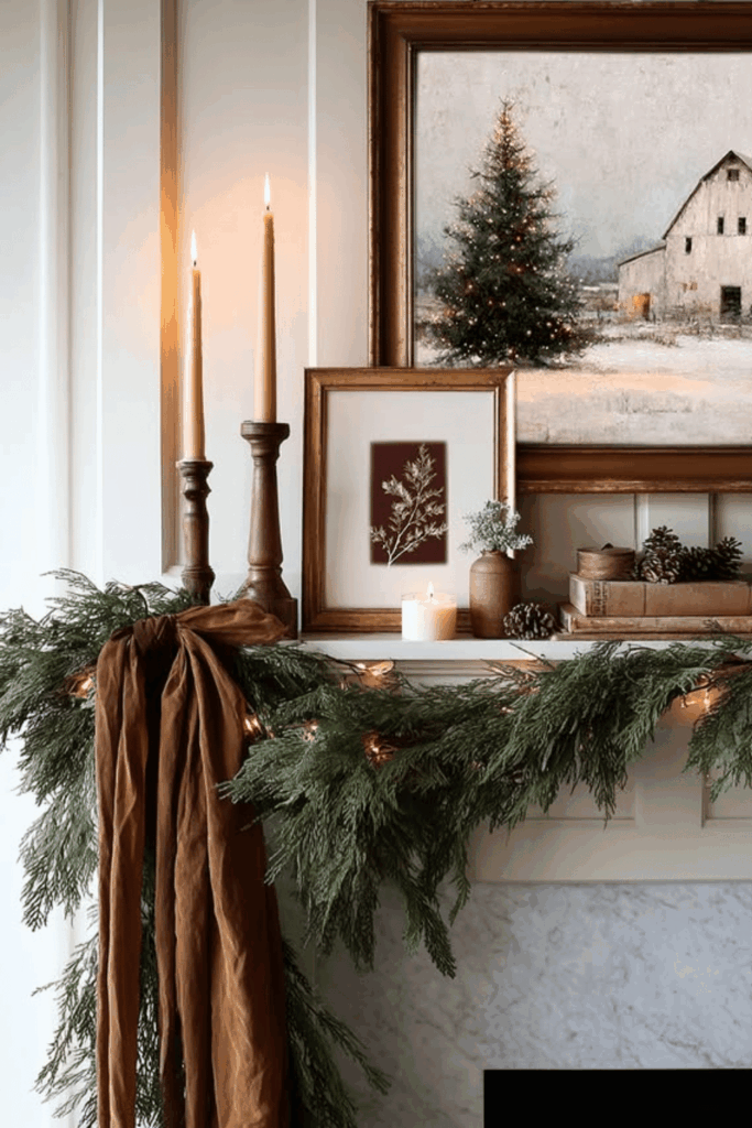 Classic mantel decorated with fresh pine garland, candles, and layered artwork