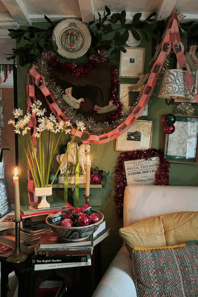 Eclectic living room with handmade paper garlands and colorful holiday decor