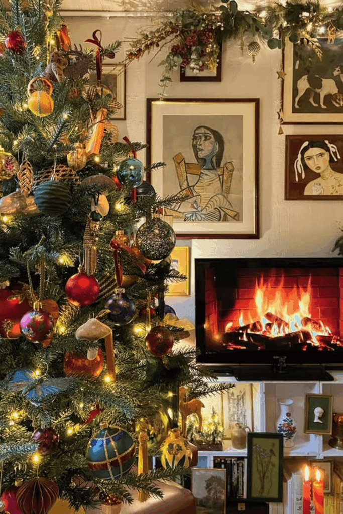 Colorful, collected Christmas tree with bold ornaments and warm lights