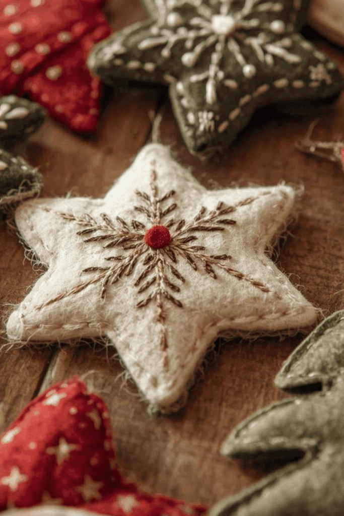 Rustic felt star ornament with stitched snowflake design and red center dot
