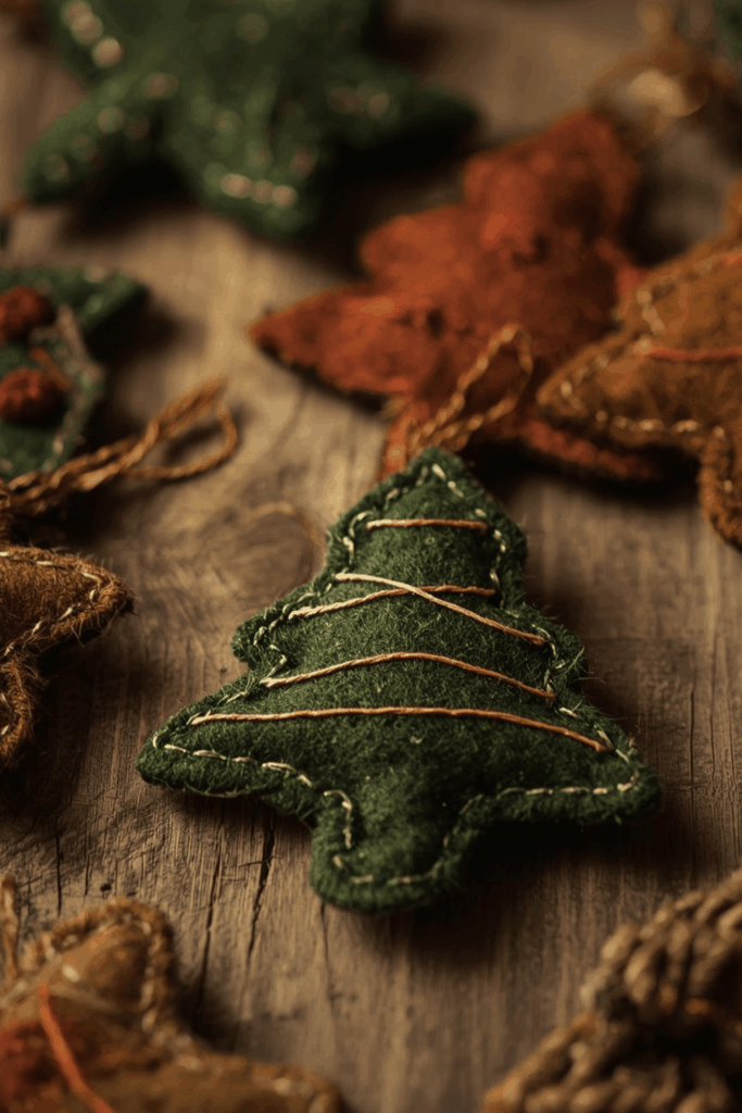 Green felt Christmas tree ornament with rustic hand stitching
