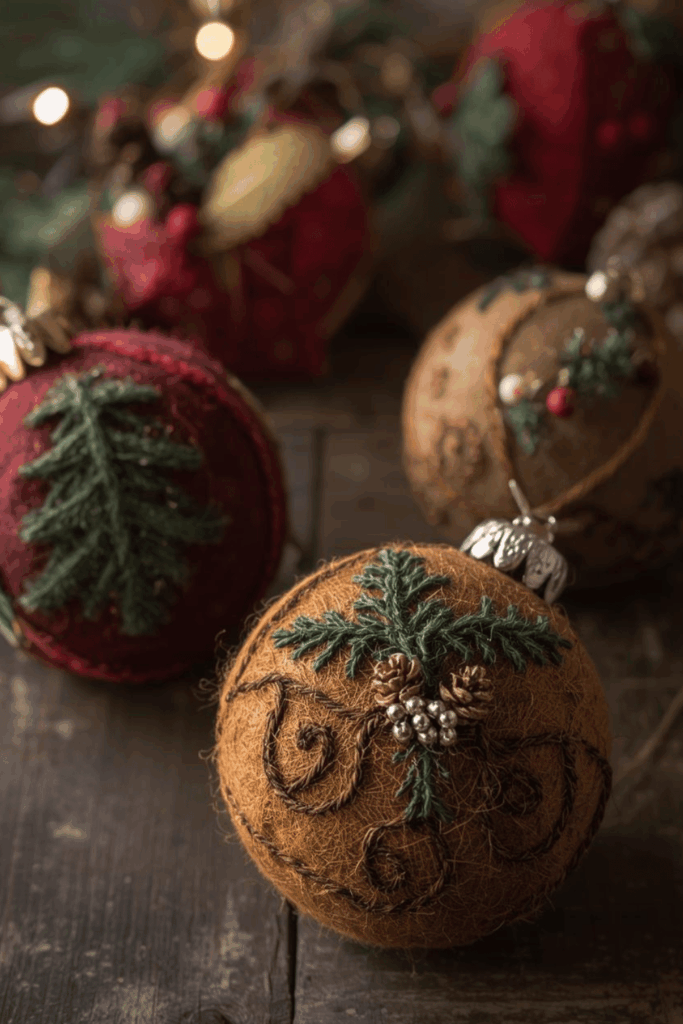 Vintage-style felt Christmas baubles with embroidered greenery and pinecones