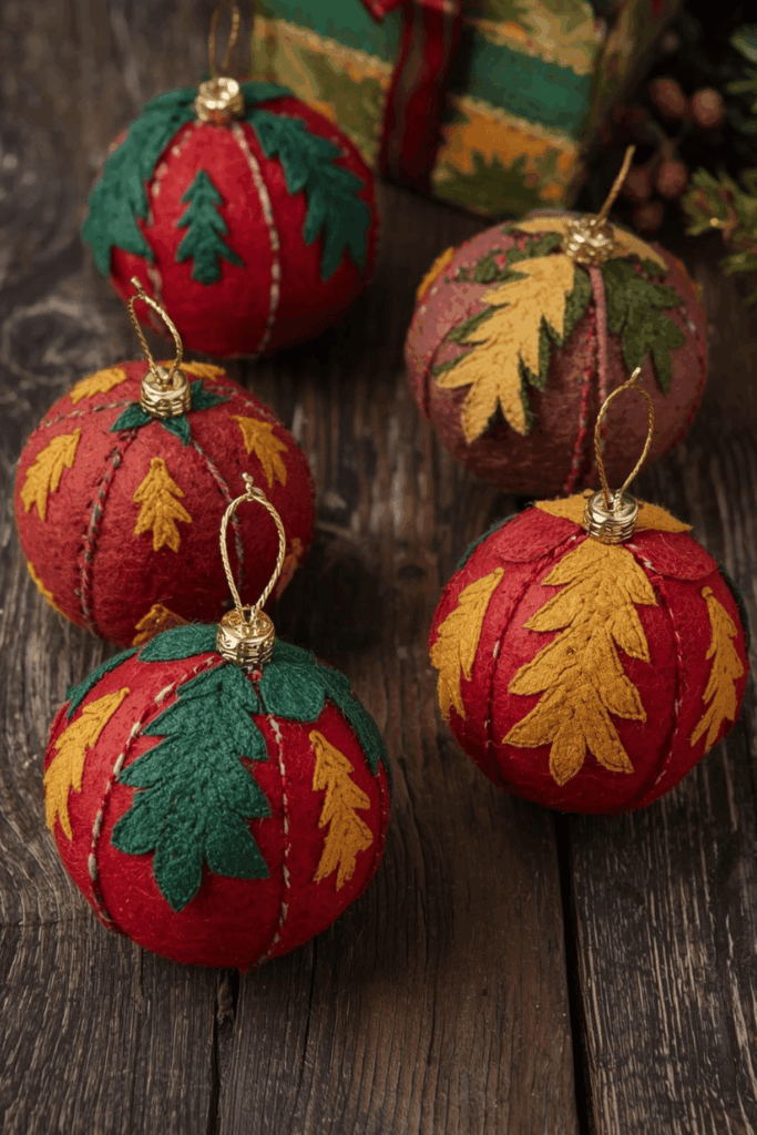 Bright red and gold felt bauble ornaments with layered leaf designs