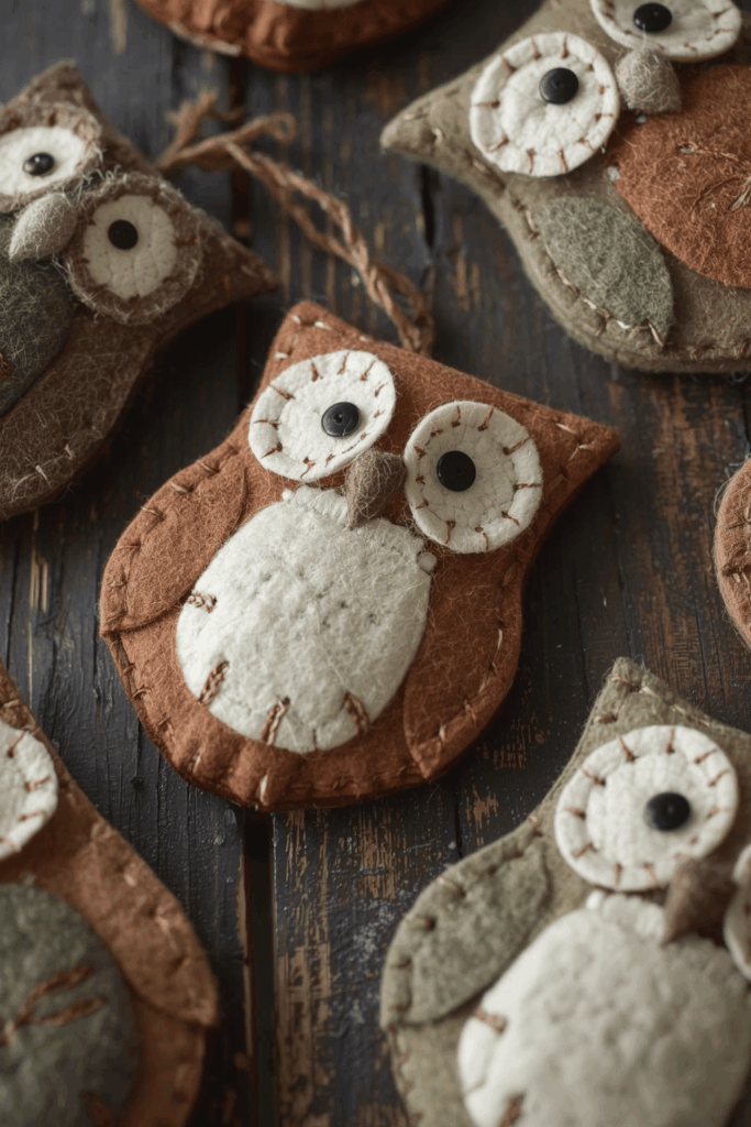Hand-stitched felt owl ornaments in natural woodland colors