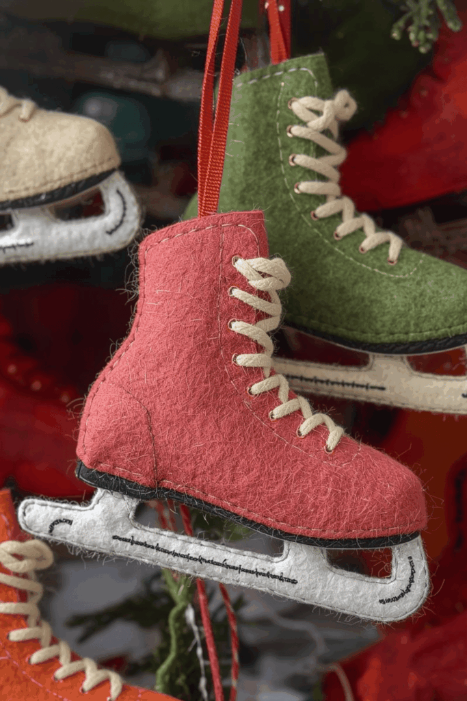 Colorful felt ice skate ornaments with laces and stitched details
