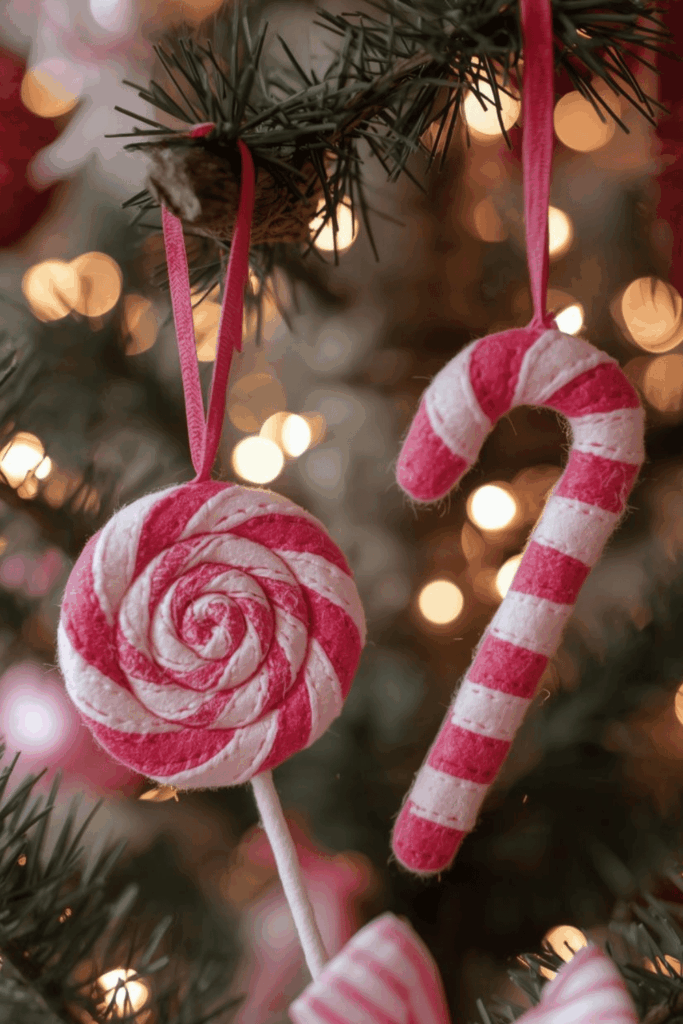 Pink felt candy ornaments shaped like a candy cane and lollipop