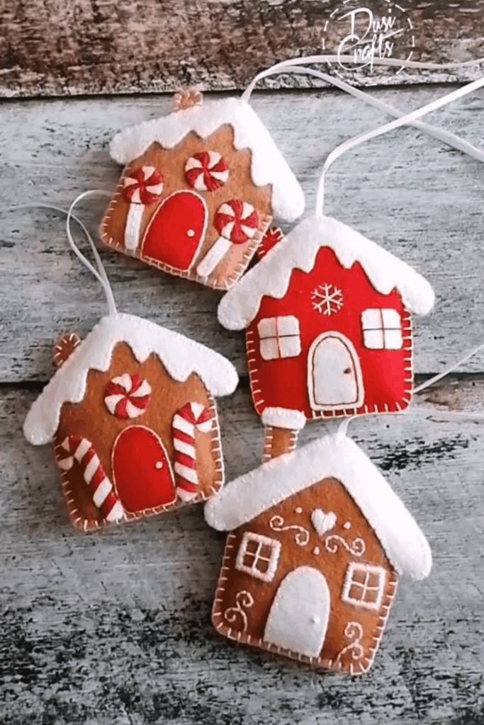 Felt gingerbread house ornaments with candy and icing details