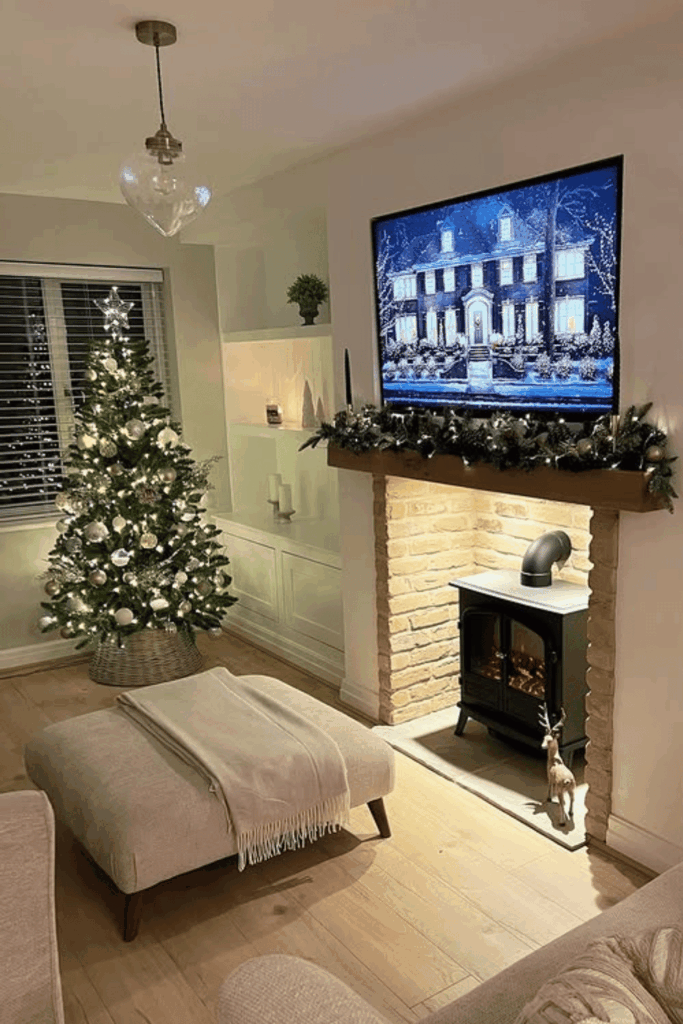 Neutral living room with Christmas garland under a mounted TV and a lit tree