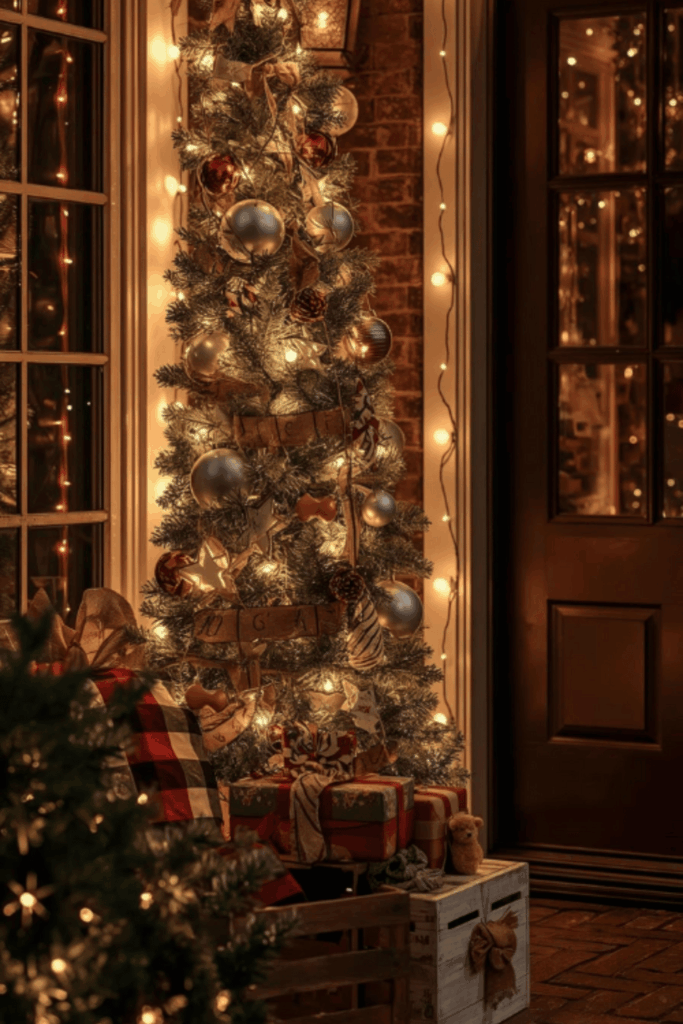 Slim porch Christmas tree with plaid ribbons and silver ornaments