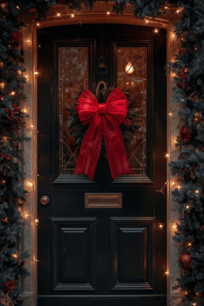 Red bow and wreath on dark wood front door Christmas decor