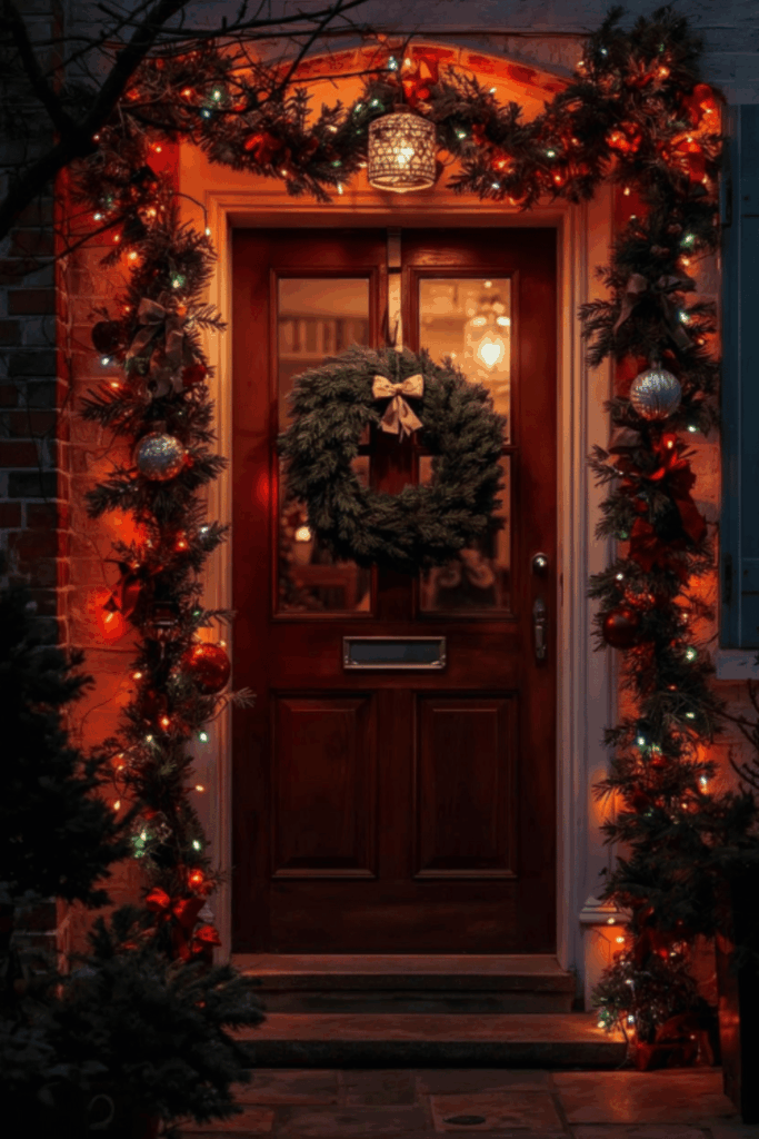 Multicolored vintage string lights and red ribbons on front porch