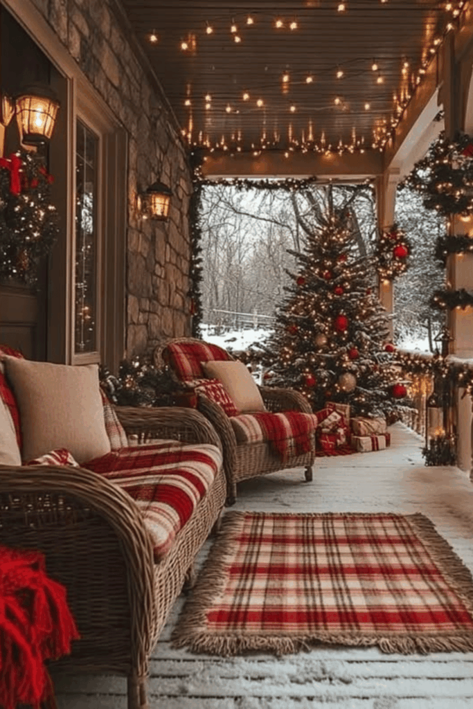 Multicolored vintage string lights and red ribbons on front porch