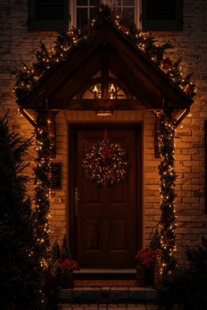 Warm entryway decorated with white lights and greenery garlands