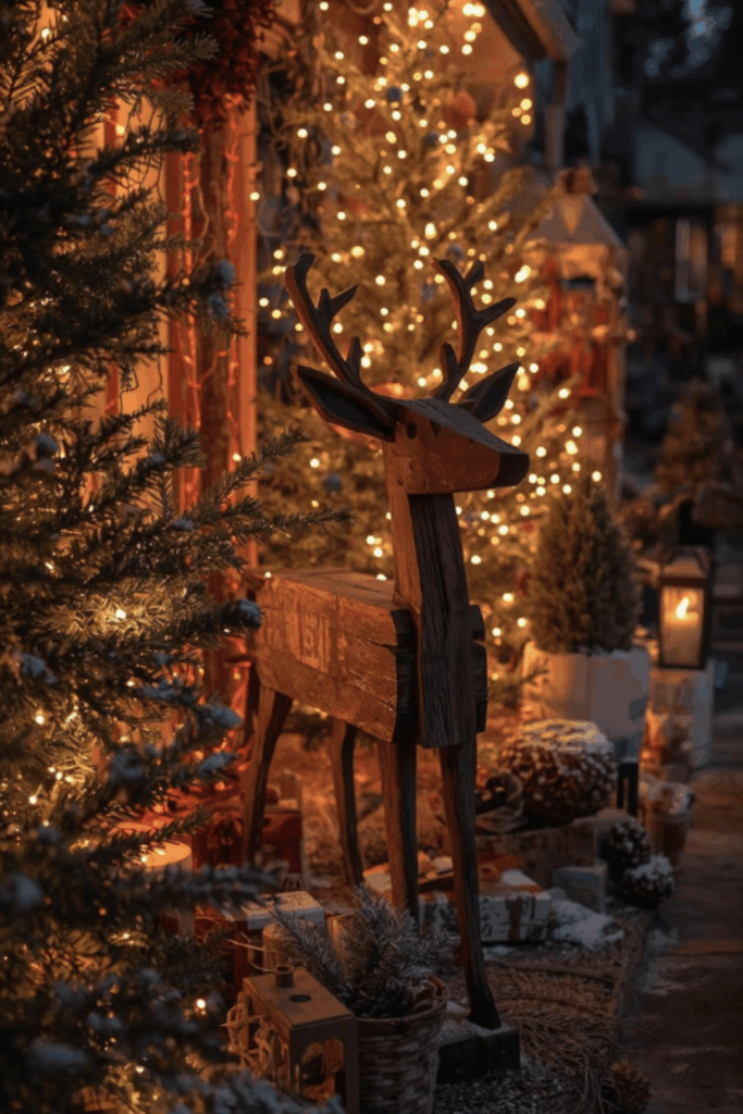 Wooden reindeer and glowing trees outdoor Christmas display