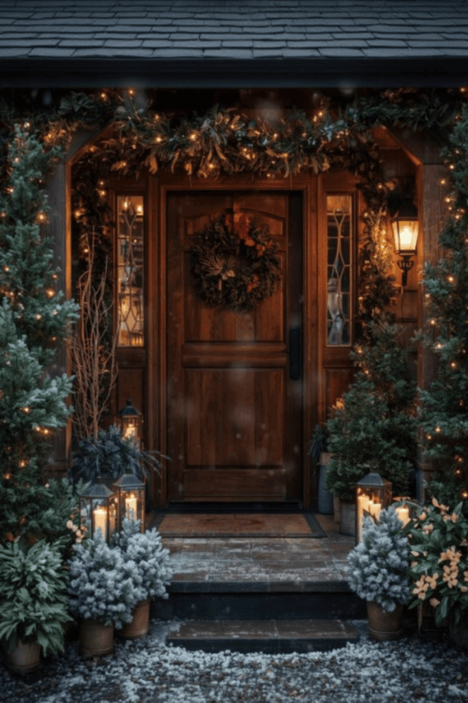 Cozy woodland porch with twinkle lights and natural garlands