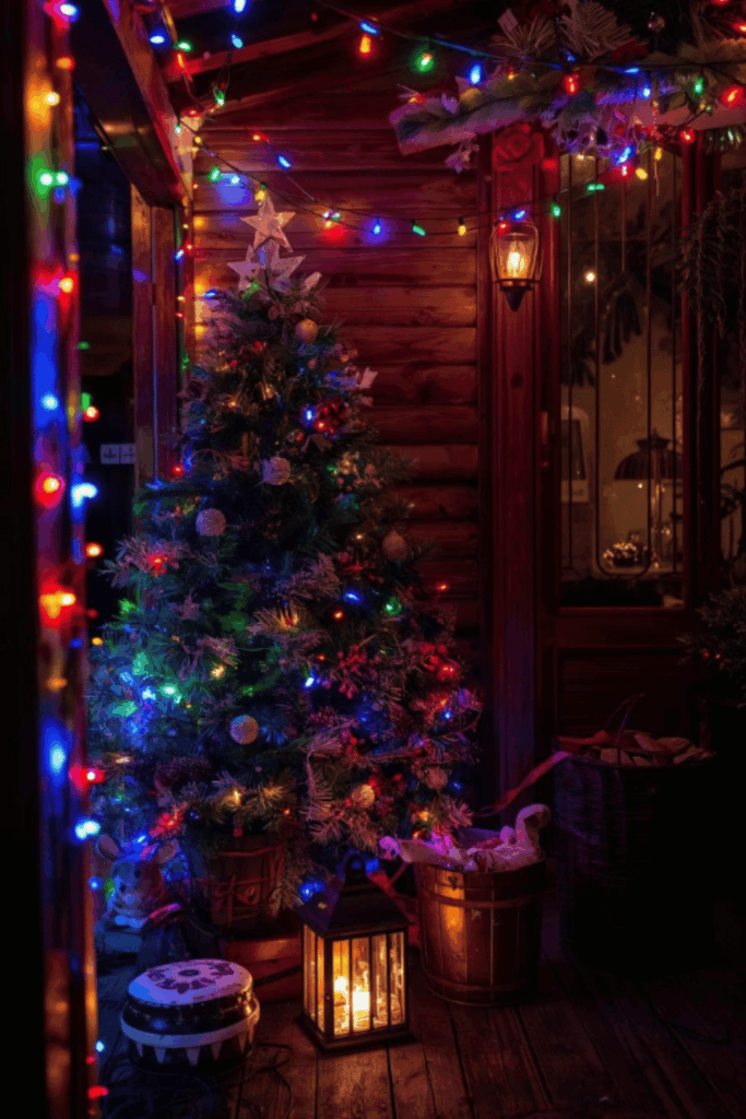 Small patio Christmas nook with mini tree and rainbow lights
