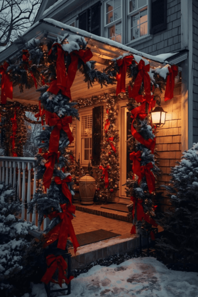 Porch garland decorated with red ribbons and Christmas bows