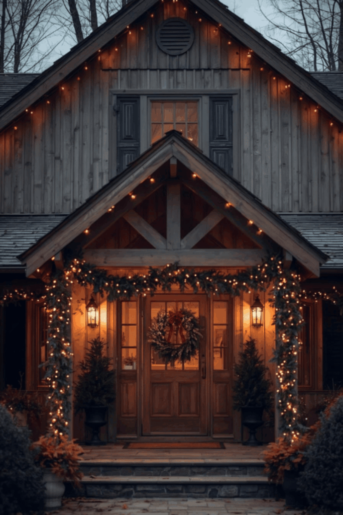 Cottage-style front porch with amber lights and natural wood