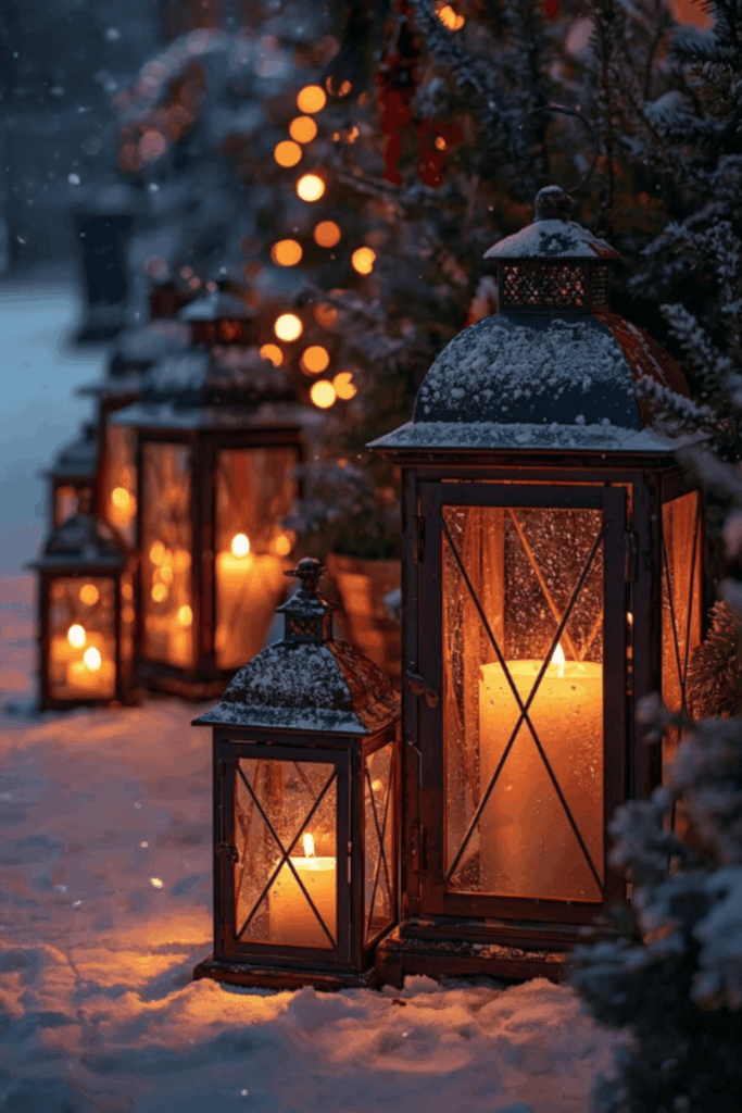 Lanterns glowing in the snow as cozy outdoor Christmas lighting