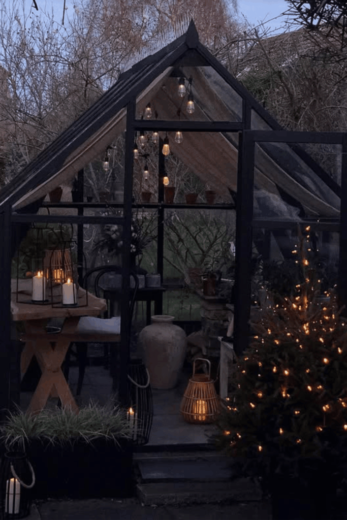 Greenhouse decorated with fairy lights for Christmas