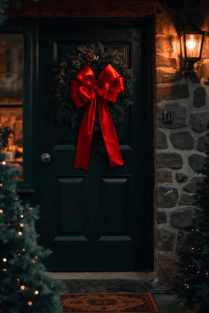 Deep green door with red bow and glowing outdoor lanterns