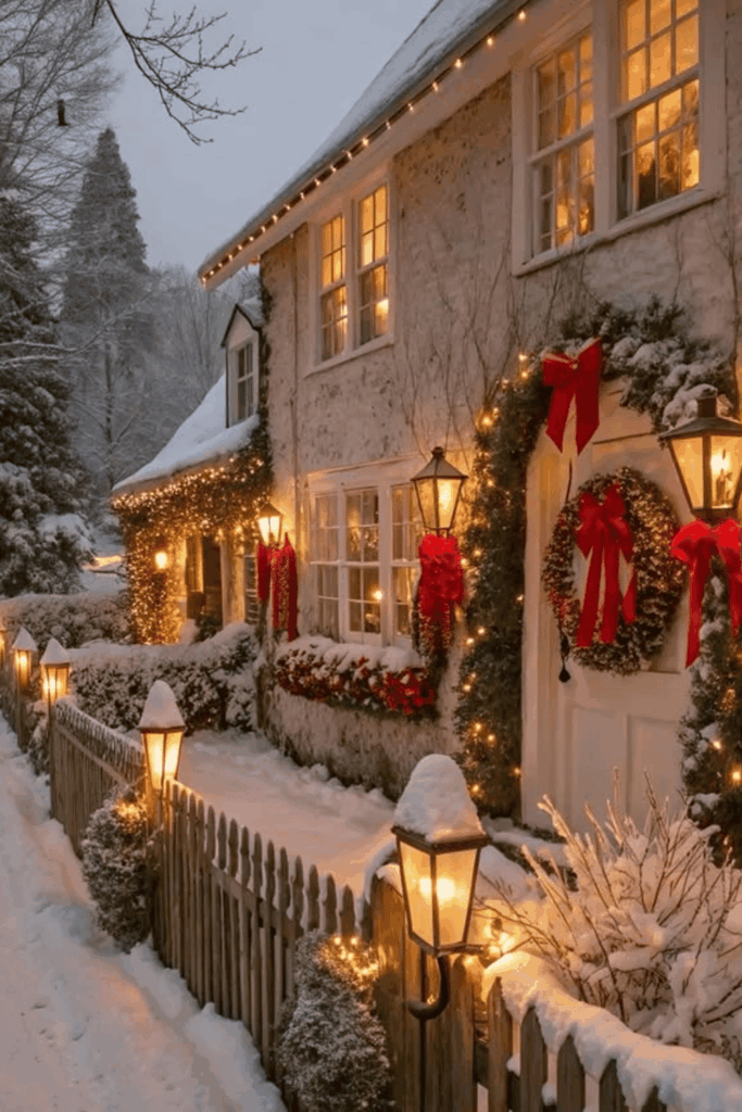 Lanterns lighting a snowy Christmas pathway with glowing garland