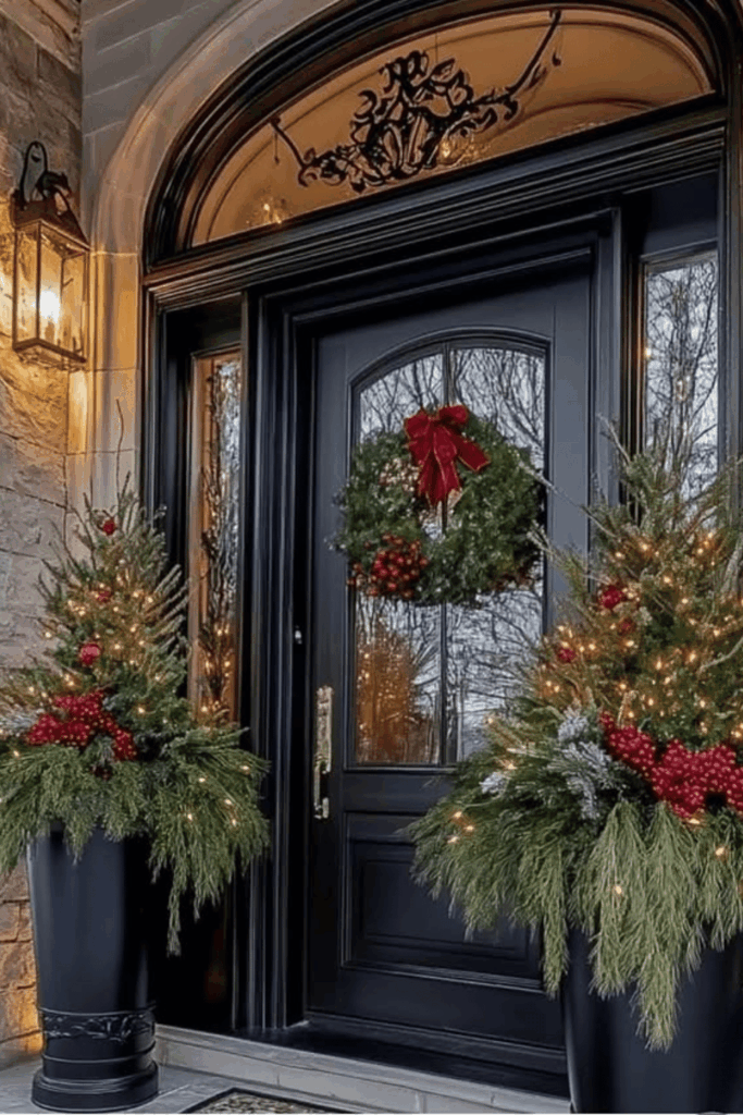 Front door framed with natural evergreens, berries, and lights
