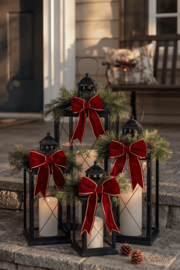 Layered lanterns with velvet bows and pine greenery on porch