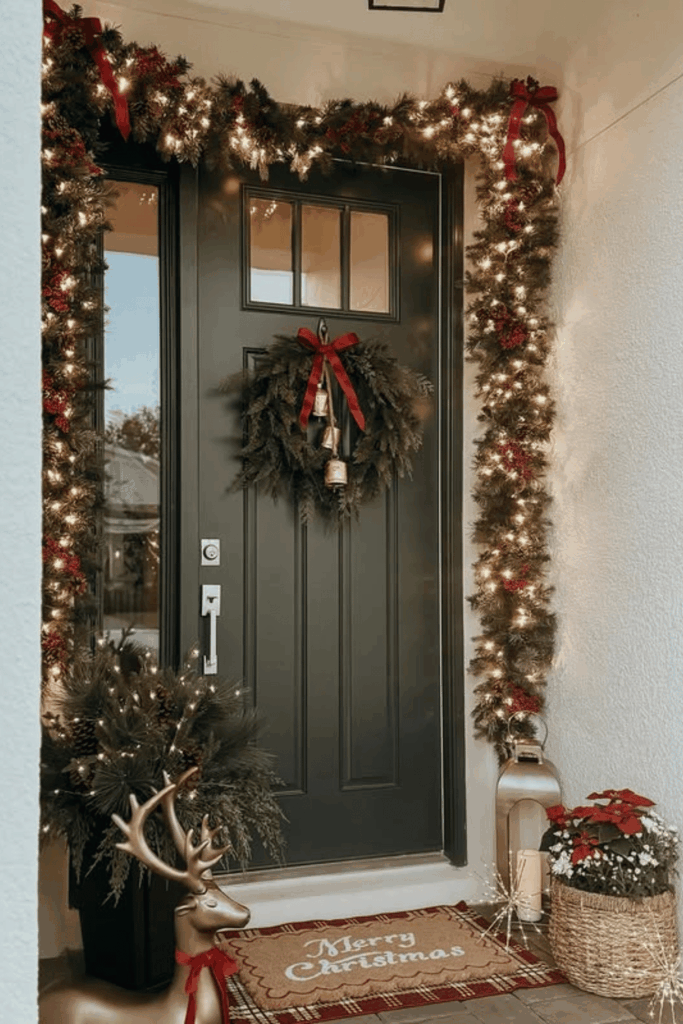 “Merry Christmas” mat and soft garland lights on front door