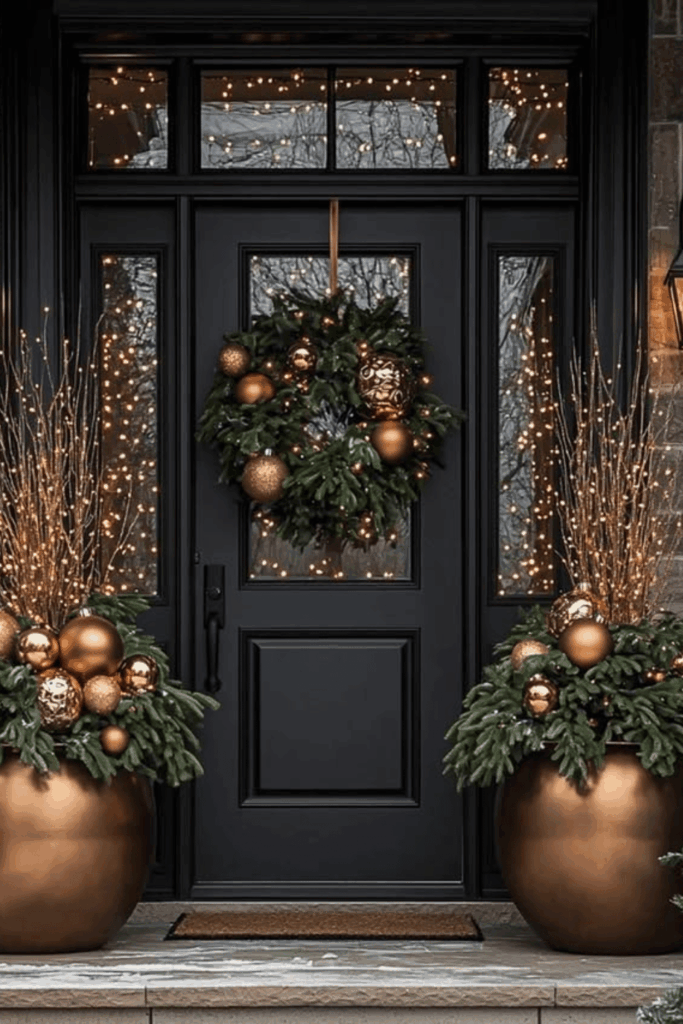 Metallic gold and copper accents in Christmas doorway decor