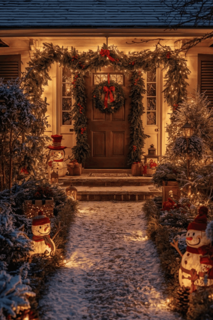 Outdoor winter wonderland with snowmen, wreaths, and string lights
