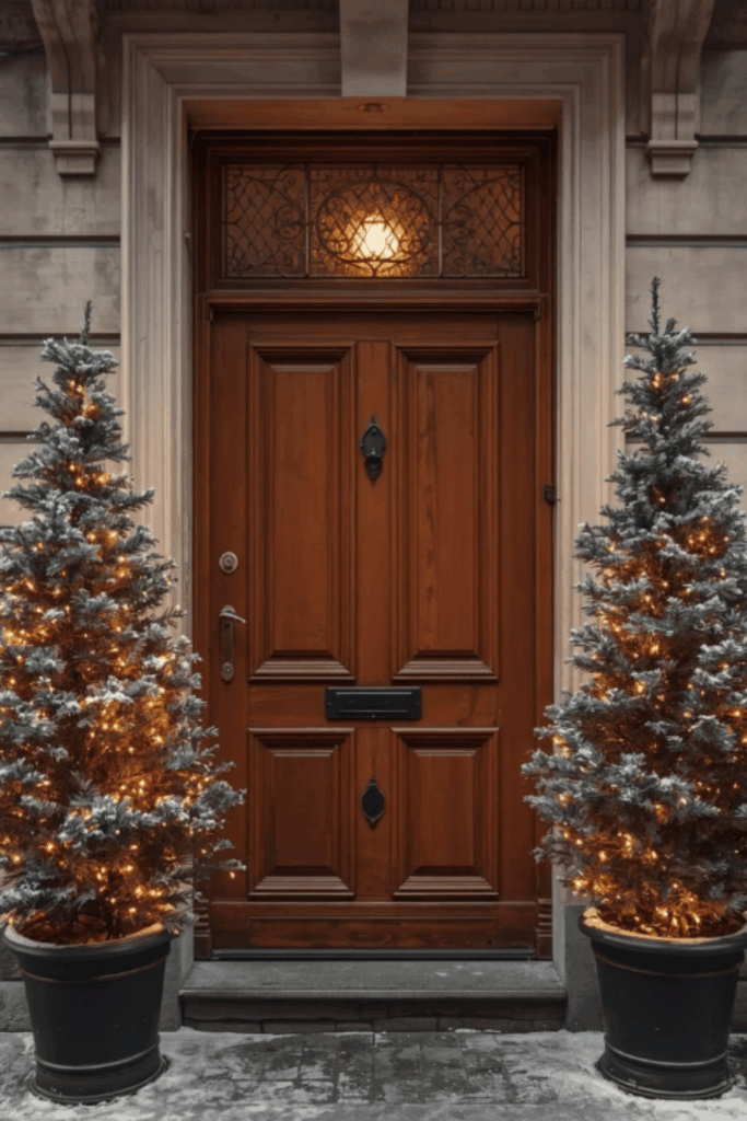 Twin potted Christmas trees by a front door with fairy lights