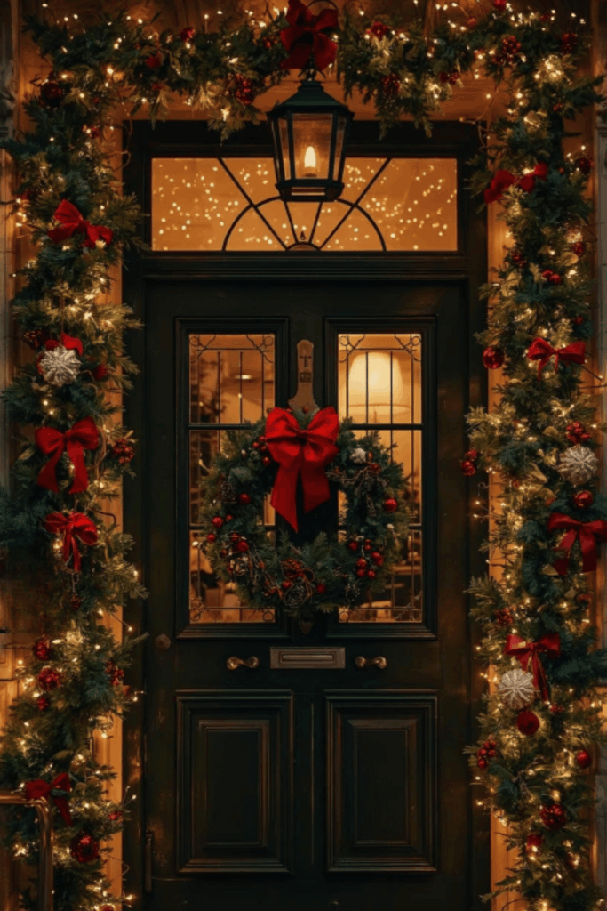 Classic garland and red bows framing a holiday front porch